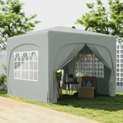 Paviljong 3x3 m pop-up, vattenavvisande, vintertålig, UV-skydd 50+, 4 sidoväggar & väska, ljusgrå