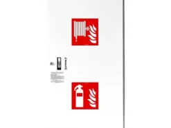 Clearance Pendelbrandpost DN52 med korg, 850x500x200, med brandsläckarförvaring, slang 2x20m, patentlås, RAL 9003 Brandsläckare