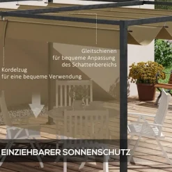 Pergola 4x3m trädgårdspaviljong, uteplatstak av stål, trädgårdspaviljong med justerbart tak, fristående, solskydd för terrass och trädgård, kaki