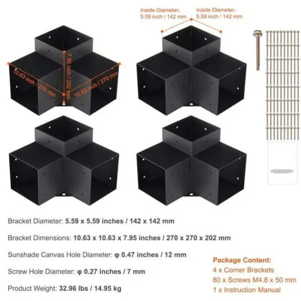 Pergolafäste Kit 152x152mm, 4st 3-vägs Heavy Duty Hörnfästen för DIY, enkel installation för pergola och uteplats.
