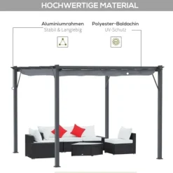 Pergola/paviljong 3×3×2,23 m, skjutbart tak, aluminium, kolgrå/mörkgrå