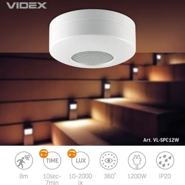 Hot PIR-rörelse- och ljussensor 1200W IP20 8 meter rund Videx Rörelsedetektorer