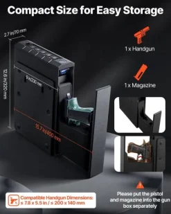 New Pistolskåp - Biometrisk pistollåda - Fingeravtryck/Kod/Nyckel - LED-ljus - Utdragbar - För 1 pistol + magasin - För sängbord/bil - Snabbåtkomst Kassaskåp