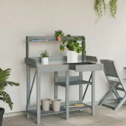 Best Plantbord med hyllor av massivt granträ - Växtbord för trädgård | Färg: Grå | Storlek: [ange storlek] Planteringsbänkar