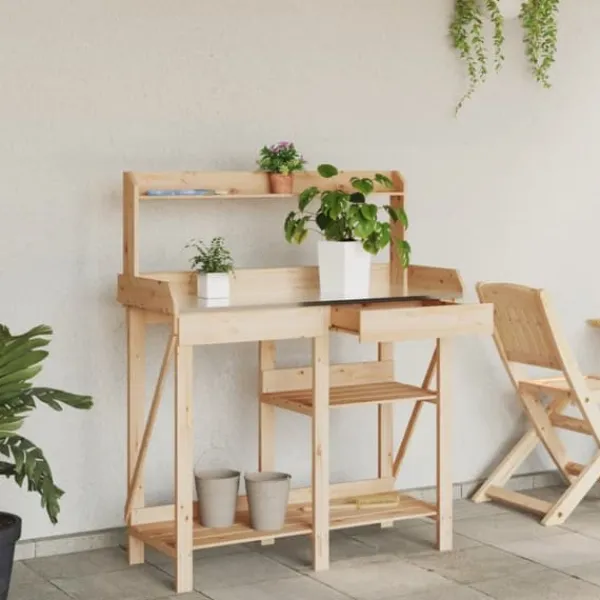 Planteringsbord i massivt granträ med hyllor - Växtbord för trädgård | Färg: Naturlig | Storlek: Standard