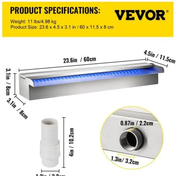 Clearance Poolfontän, Vattenfall med LED-ljusramp, 60x11.5x8 cm, Silver, Rostfritt stål Fontäner & Dammar