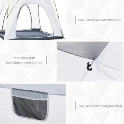Pop-up kupoltält 4 pers, lätt & stabilt, UV50+, krokar, dörr/fönster, 1000 mm vattenpelare
