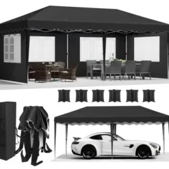 Pop-Up Paviljong 3m x 6m, Vattentät med UV-skydd, Enkel Uppsättning,svart