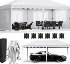 Discount Pop-up paviljong 3x6 m - Trädgårdspaviljong - One-Push snabb uppfällning - Fyra sidoväggar - Vattentät HDPE, PU-belagd - Aluminiumram - Vit Tält & Lusthus
