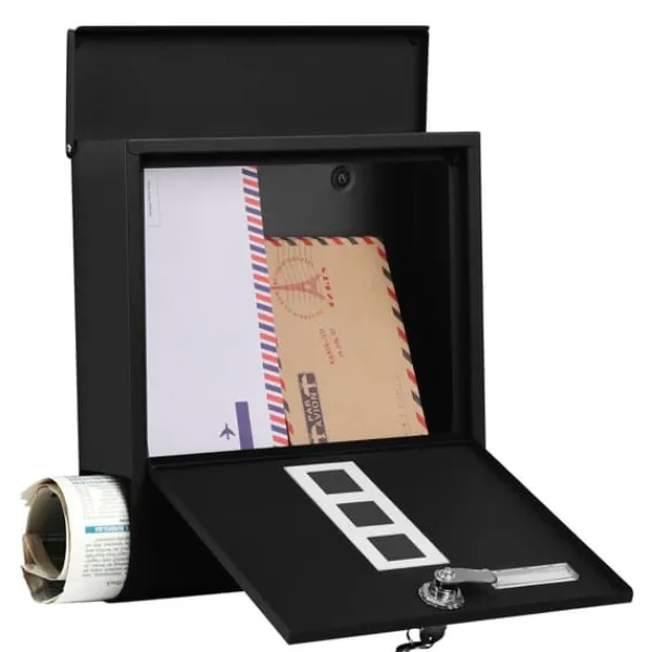 Postbox, väggmonterad brevlåda, lås med kopparkärna, tidningshållare, visningsfönster och namnskylt, enkel att installera, svart
