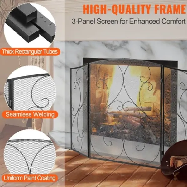 Best Öppen spisskärm 3 panel, robust järnnät, 122x76,7CM gnistskydd, fristående eldstad staketgaller för vardagsrum. Tillbehör Till Vedeldade Kaminer & Öppna Spisar