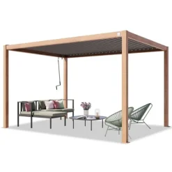 PRIMEYARD Pergola 34 m stolpar av aluminium i trälook med lamelltak av stål terrasstak