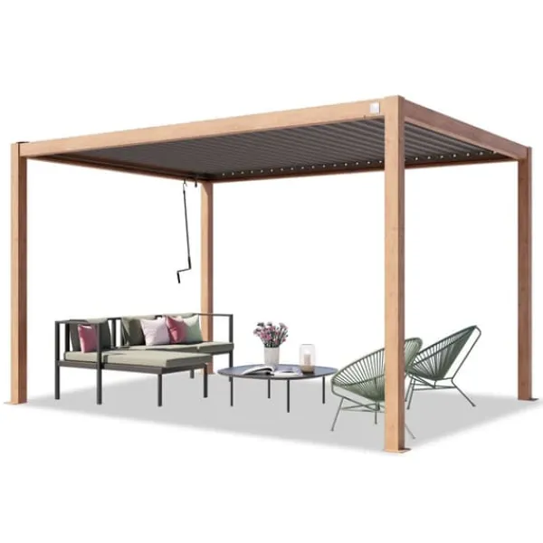 PRIMEYARD Pergola 34 m stolpar av aluminium i trälook med lamelltak av stål terrasstak