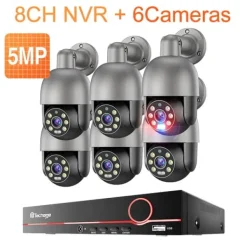 PTZ-kamerasystem, 8-kanal, fullfärgs nattseende,2T, 8CH NVR 6 Kamera 5MP