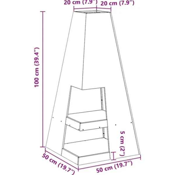 Pyramidformad vedeldad eldplats med vedförvaring - Rostbeständig stål | Färg: Svart | Storlek: 50x50x100 cm