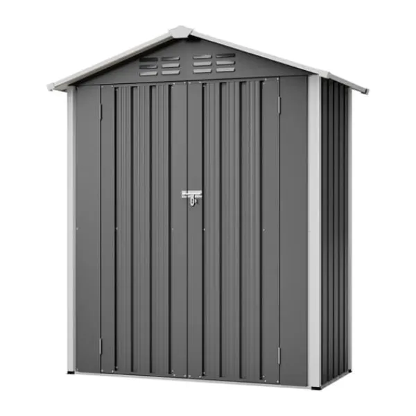 Redskapsbod i metall 154×83×180 cm med ventilationshål, inkl. metallfundament, låsbar dörr, vädertålig – grå Skjul, Garage & Carports