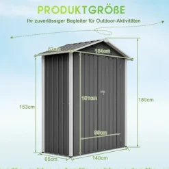 Redskapsbod i metall 154×83×180 cm med ventilationshål, inkl. metallfundament, låsbar dörr, vädertålig – grå Skjul, Garage & Carports