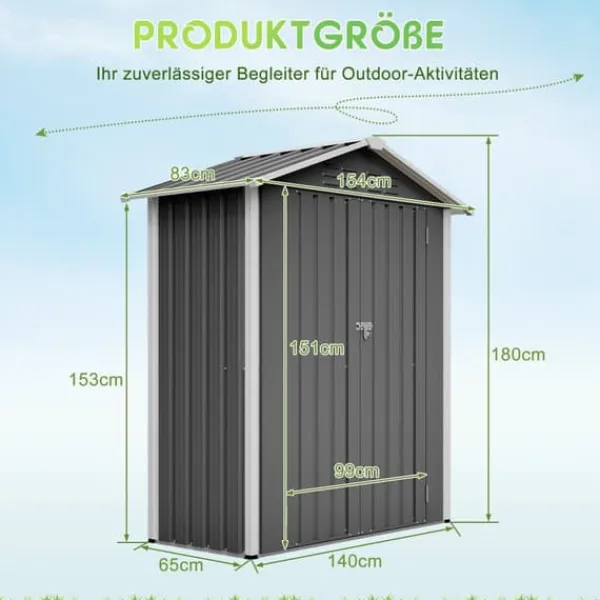 Redskapsbod i metall 154×83×180 cm med ventilationshål, inkl. metallfundament, låsbar dörr, vädertålig – grå Skjul, Garage & Carports