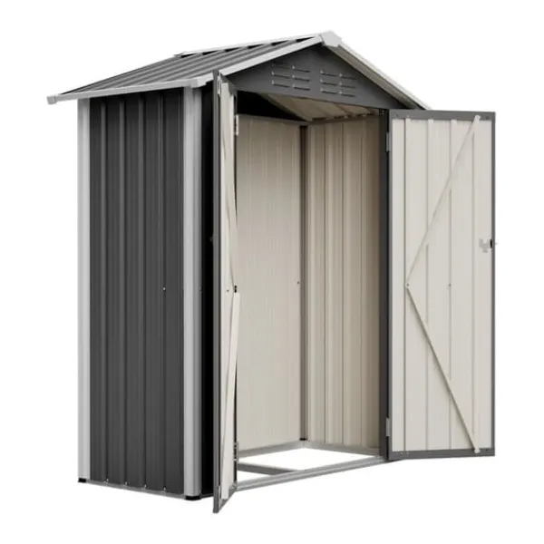 Redskapsbod i metall 154×83×180 cm med ventilationshål, inkl. metallfundament, låsbar dörr, vädertålig – grå Skjul, Garage & Carports