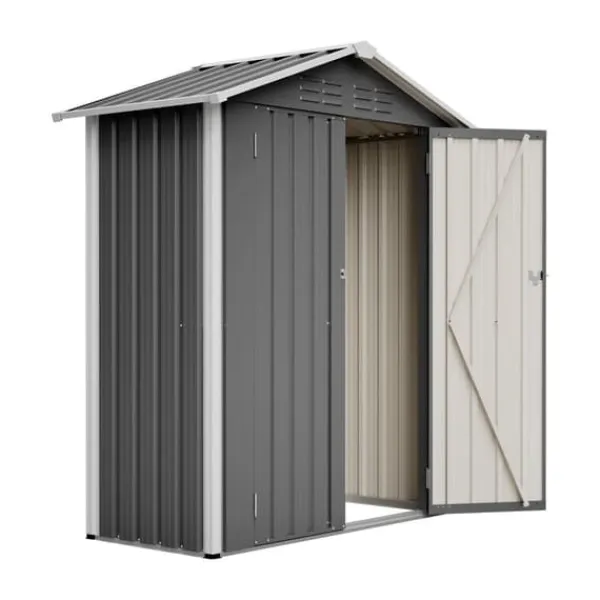 Redskapsbod i metall 154×83×180 cm med ventilationshål, inkl. metallfundament, låsbar dörr, vädertålig – grå Skjul, Garage & Carports