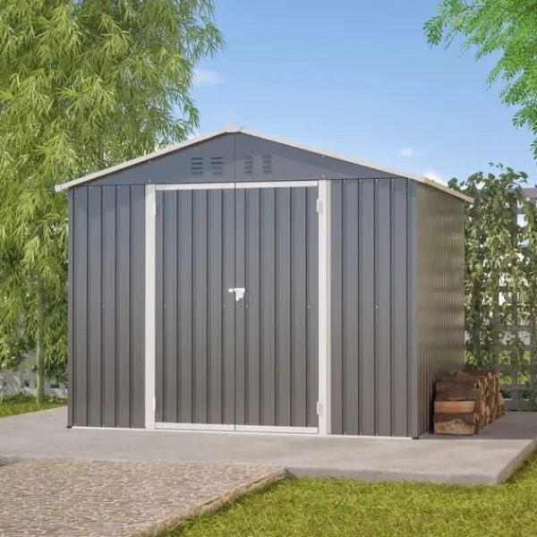 Redskapsbod i metall 8×6 ft med vikdörr, antracitgrå – för trädgårdsredskap & verktygsförvaring