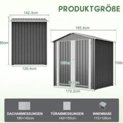 Redskapsbod i metall 142 x 185 cm, grå – låsbar dörr, ventilationshål, inkl. metallbas, vädertålig för trädgårdsredskap Skjul, Garage & Carports