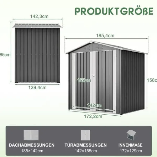 Redskapsbod i metall 142 x 185 cm, grå – låsbar dörr, ventilationshål, inkl. metallbas, vädertålig för trädgårdsredskap Skjul, Garage & Carports