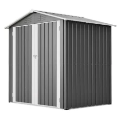 Redskapsbod i metall 142 x 185 cm, grå – låsbar dörr, ventilationshål, inkl. metallbas, vädertålig för trädgårdsredskap Skjul, Garage & Carports