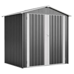 Redskapsbod i metall 142 x 185 cm, grå – låsbar dörr, ventilationshål, inkl. metallbas, vädertålig för trädgårdsredskap Skjul, Garage & Carports
