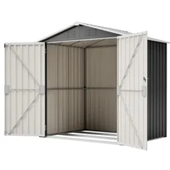 Redskapsbod i metall 142 x 185 cm, grå – låsbar dörr, ventilationshål, inkl. metallbas, vädertålig för trädgårdsredskap Skjul, Garage & Carports