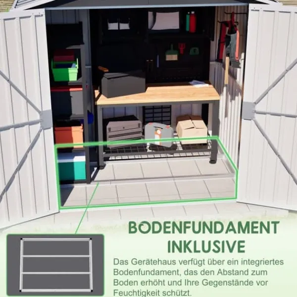 Redskapsbod i metall 142 x 185 cm, grå – låsbar dörr, ventilationshål, inkl. metallbas, vädertålig för trädgårdsredskap Skjul, Garage & Carports