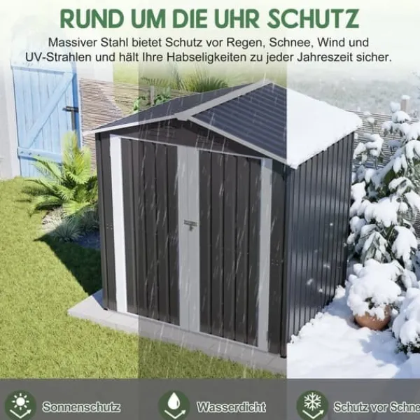 Redskapsbod i metall 142 x 185 cm, grå – låsbar dörr, ventilationshål, inkl. metallbas, vädertålig för trädgårdsredskap Skjul, Garage & Carports
