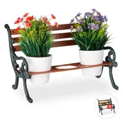 New Relaxdays blomsterbänk, gjutjärn och trä, växtstöd för blomkrukor, olika dimensioner, brun/grön-grå Planteringsbänkar