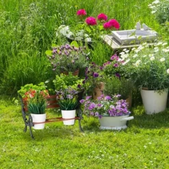 New Relaxdays blomsterbänk, gjutjärn och trä, växtstöd för blomkrukor, olika dimensioner, brun/grön-grå Planteringsbänkar
