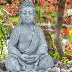 Discount Relaxdays Buddha-statyn, Buddha-figur, trädgårdsdekoration, keramikskulptur, Zen 50 cm, ljusgrå Trädgårdsprydnader