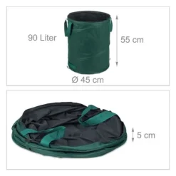 Relaxdays Självbärande trädgårdsavfallspåsar, 3-pack, 90 L, 3 handtag, soptunna, UV-beständig, vattentät, grön Trädgårdskorgar