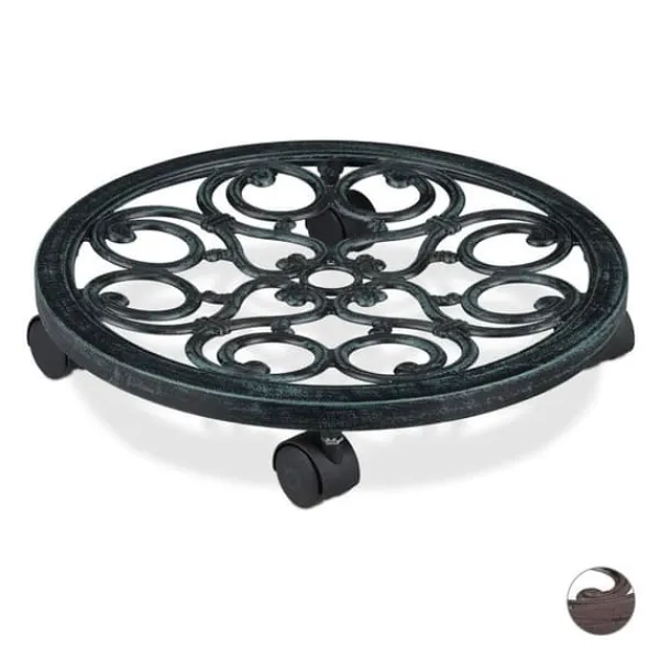 Discount Relaxdays stöd rullande växter rund, i metall, rullande fat blomkrukor, antik utseende, grön Stöd Med Hjul, Säten & Knäskydd För Trädgårdsskötsel
