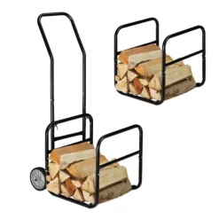 New Relaxdays Trävagn, 2 i 1, stockkorg med hjul, stål, upp till 45 kg, transport & förvaring, svart Tillbehör Till Vedeldade Kaminer & Öppna Spisar