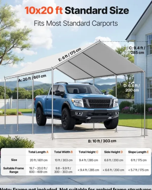 Reservtak för carport - Presenning 3 x 6 m - UV-beständig - Vattentät - Kraftig - Med bollsnoddar - Ram ingår ej - Grå