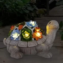 Resin Skulptur av Trädgårdsturtle - med Suculentväxter, Solarbelysning - Trädgårdsskulptur, Trädgårdsdekoration, Presentidé till Mamma