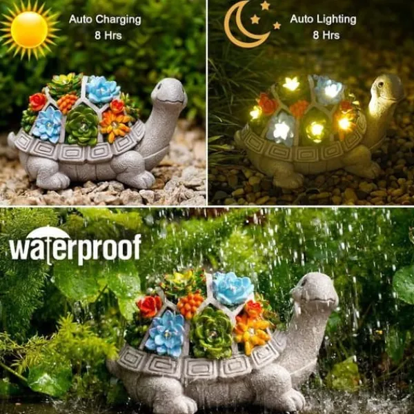 Resin Skulptur av Trädgårdsturtle - med Suculentväxter, Solarbelysning - Trädgårdsskulptur, Trädgårdsdekoration, Presentidé till Mamma