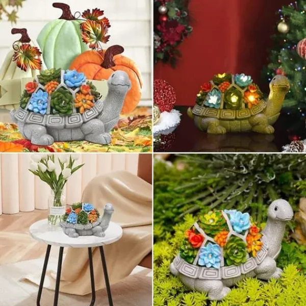 Resin Skulptur av Trädgårdsturtle - med Suculentväxter, Solarbelysning - Trädgårdsskulptur, Trädgårdsdekoration, Presentidé till Mamma