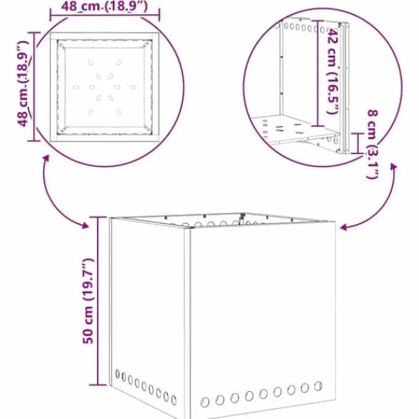 Online Rökfri fyrkantig eldstad i stål för utomhusbruk | Färg: Svart | Storlek: 48x48x50 cm Öppna Spisar