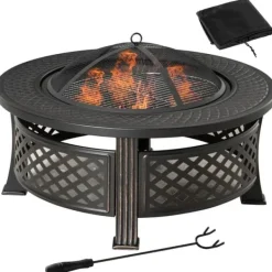 Rootz Fire Pit - Eldskål - Eldkorg - Eldbord - Runt Eldstad - För trädgårdscamping - BBQ - Med Poker Gnistskydd - Stål - Svart - 81 x 81 x 50 cm