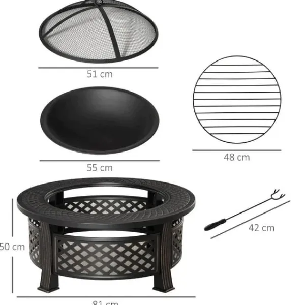 Rootz Fire Pit - Eldskål - Eldkorg - Eldbord - Runt Eldstad - För trädgårdscamping - BBQ - Med Poker Gnistskydd - Stål - Svart - 81 x 81 x 50 cm