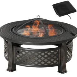 Rootz Fire Pit - Eldskål - Eldkorg - Eldbord - Runt Eldstad - För trädgårdscamping - BBQ - Med Poker Gnistskydd - Stål - Svart - 81 x 81 x 50 cm