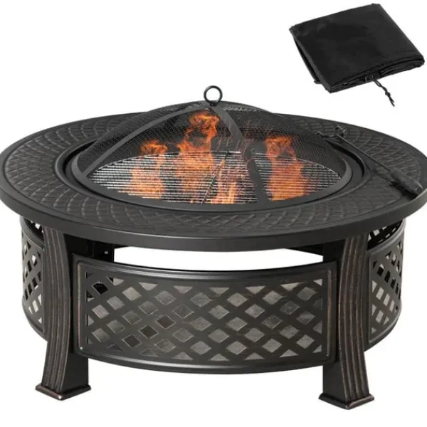 Rootz Fire Pit - Eldskål - Eldkorg - Eldbord - Runt Eldstad - För trädgårdscamping - BBQ - Med Poker Gnistskydd - Stål - Svart - 81 x 81 x 50 cm