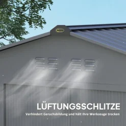 Clearance Rootz Garden Tool Shed - Stålförvaring - Låsbar förvaring - Vattentät och ventilerad - 213 cm x 131 cm x 192 cm Skjul, Garage & Carports