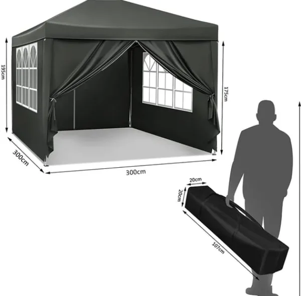 Outlet Rootz Gazebo Pop-Up-tält - Vattentät Pagoda - Solskydd - UV-skydd, Regnbeständig, Enkel installation - Metall och 210D Oxford-tyg - 3 x 3 m Grå Tält & Lusthus