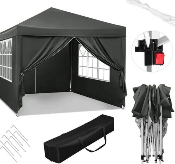 Outlet Rootz Gazebo Pop-Up-tält - Vattentät Pagoda - Solskydd - UV-skydd, Regnbeständig, Enkel installation - Metall och 210D Oxford-tyg - 3 x 3 m Grå Tält & Lusthus